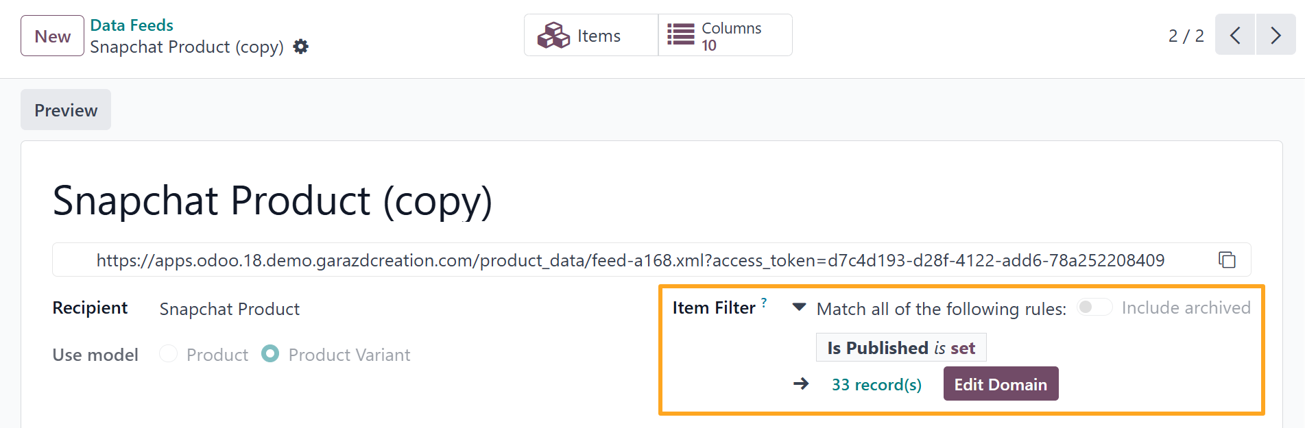 Odoo 18.0 Snapchat Product Data Feed Item Filter